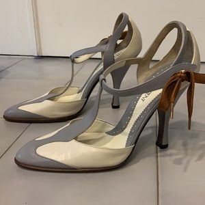 YSL, Size 38, gray/cream, t-strap heels bow detail